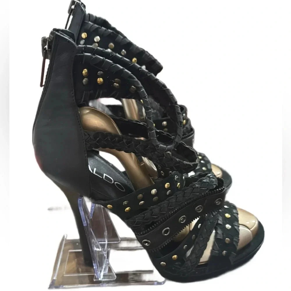 ALDO Glamour Black Gold studded strapy High Heels